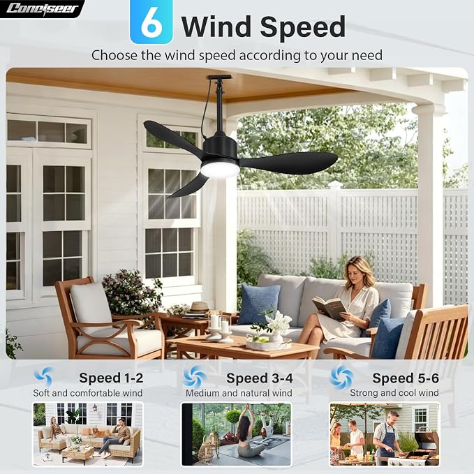 Conciseer 42 Inch Outdoor Ceiling Fan with Lights and Remote, Waterproof，6 Speed Quiet DC Motor