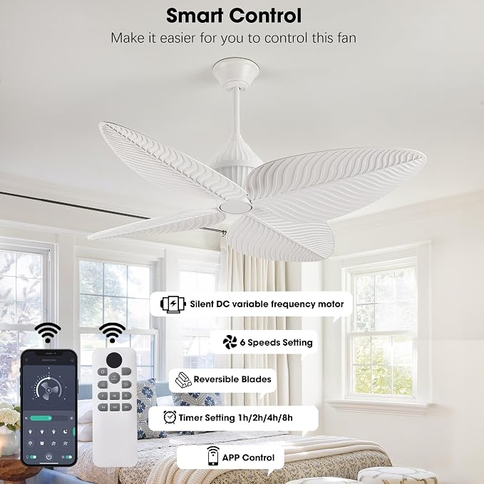 52" White Tropical Ceiling Fans, Flush Mount Palm Leaf Ceiling Fan no Light, Indoor Ceiling Fans Without Light for Living Room Bedroom Kitchen Covered Gazebo, APP and Remote Control