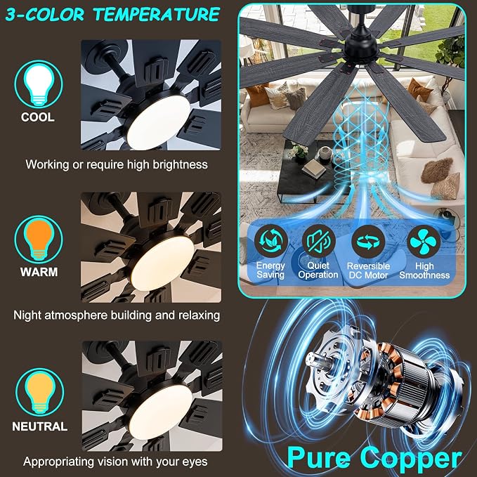 Coolwind 62in Large Outdoor Ceiling Fan, Display Remote&APP Control, Black 8 Blade Quiet Ceiling Fan, 8 Speeds, Dimmable, Timer, DC Reversible Motor, Double Sided Blade for Patio, Bedroom