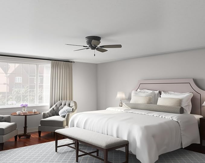 Hunter Low Profile IV, Indoor, Ceiling Fan, No Light, 42 inch, Matte Black | Low Profile Flush Mount, Pull Chain, 5 Blades, For Bedroom, Living Room, Kitchen, 52392