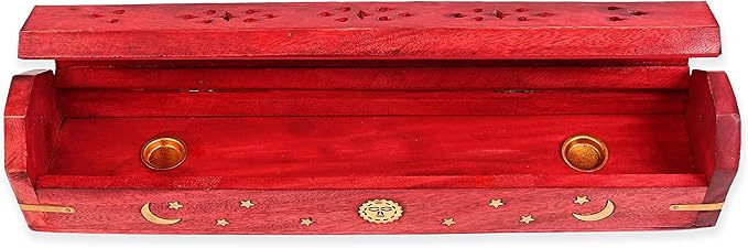 Incense Garden Pack of 2 Incense Stick Holder - Coffin Style - Wood Incense Stick Burner with Sun Moon Star Handmade with Brass Inlays (Red)