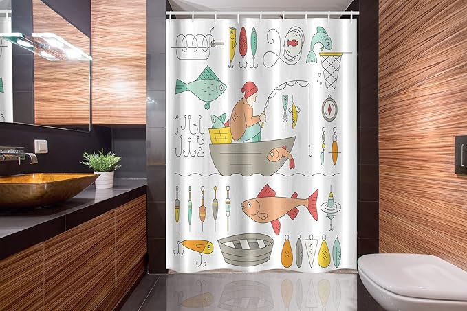 Ambesonne Nautical Stall Shower Curtain, Fishing Gear Fisherman in The Boat Catching Fish Rod Bobber Tackle, Fabric Bathroom Decor Set with Hooks, 54" W x 78" L, Green Mustard