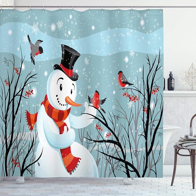 Ambesonne Christmas Shower Curtain, Snowy Winter Tree Branches Berries Bullfinch Birds Snowman Hat, Cloth Fabric Bathroom Decor Set with Hooks, 69" W x 84" L, Almond Green Black Orange