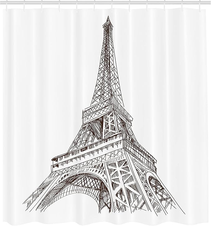 Ambesonne Paris Shower Curtain, Sketchy Look Illustration of Eiffel Tower European Building Art Work Print Classic, Cloth Fabric Bathroom Decor Set with Hooks, 69" W x 70" L, Brown