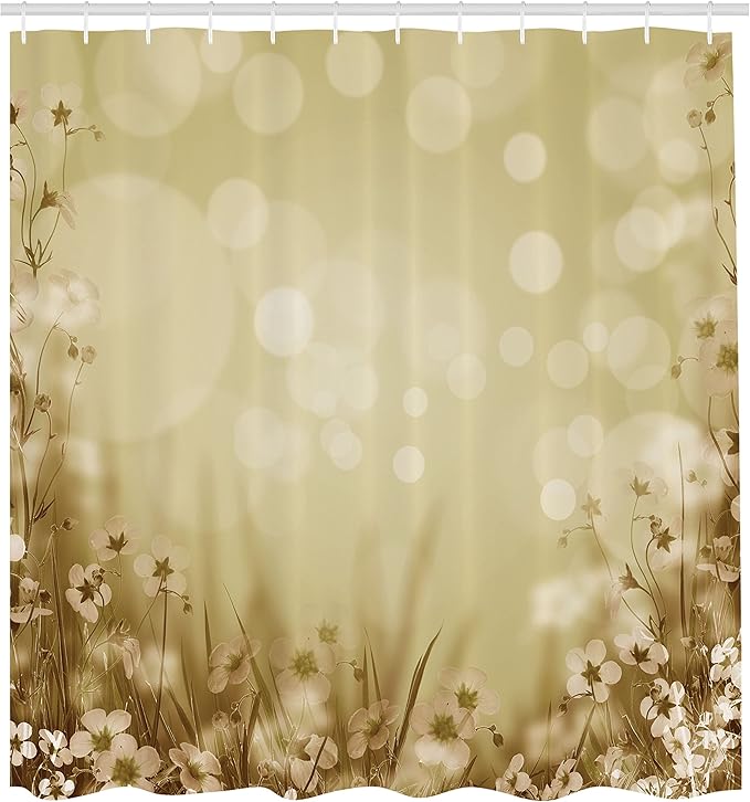 Ambesonne Flower Shower Curtain, Blossom Field with Fresh Grass Soft Springtime Blurred Illustration, Cloth Fabric Bathroom Decor Set with Hooks, 69" W x 84" L, Dark Khaki
