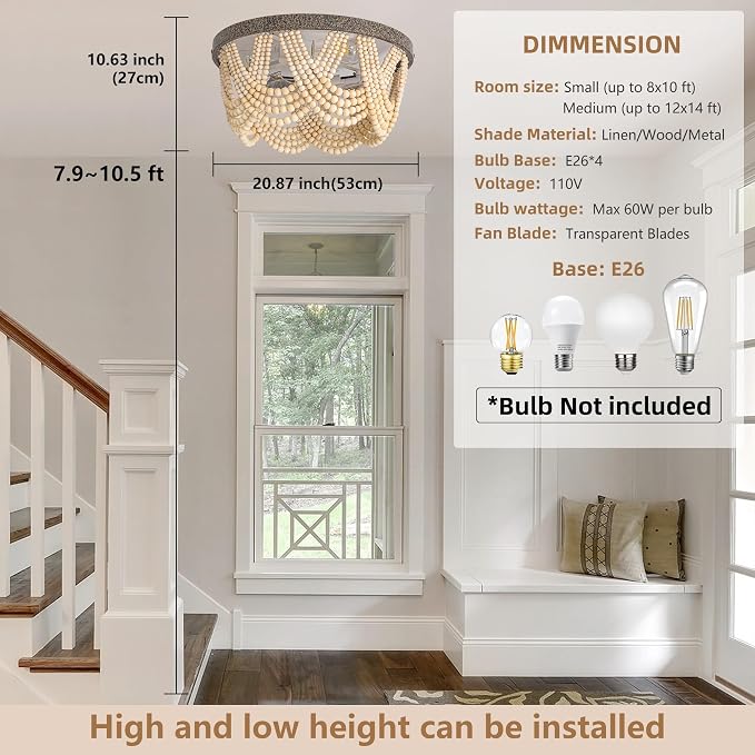 20" Boho Ceiling Fan with Light, Bohemian Caged Ceiling Fan with Lights and Remote Control, Wood Beaded Flush Mount with Reversible 6 Speeds for Bedroom, Nursery, Living Room, E26 Base, Indoor-Brown