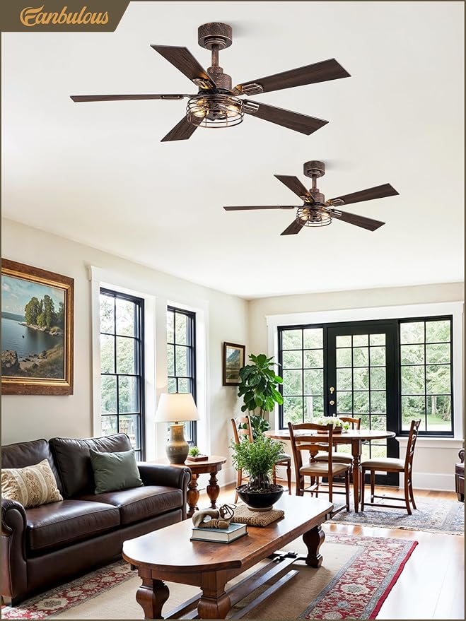 2 Pack Farmhouse 42 Inch Ceiling Fans with Lights, Industrial Caged Ceiling Fans for Bedroom Living Room, Double-Sided 5 Blades Rustic Ceiling Fan-Black Gold