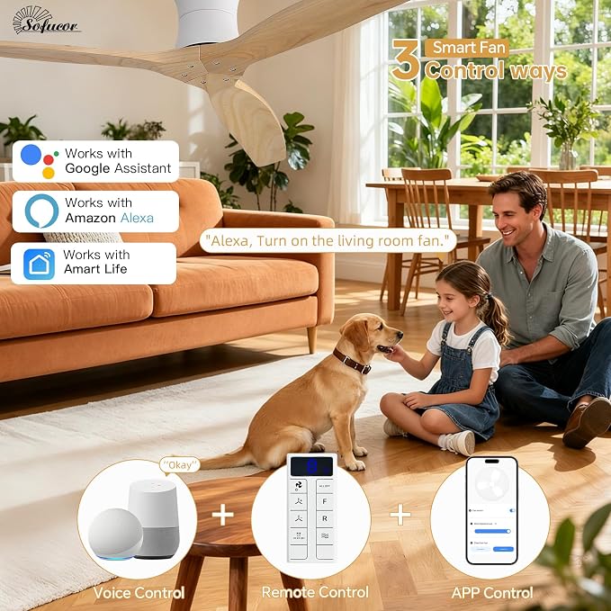 Sofucor 52" Smart Ceiling Fan No Light, Solid Wood Low Profile Ceiling Fan with Remote, Flush Mount Ceiling Fan Works with Alexa/Google/App 6-Speed Timing Reversible DC Motor for Living Room Bedroom