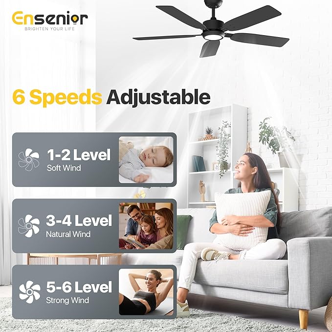 Ensenior 52 inch ceiling fan with light and remote, Noiseless Reversible DC Motor Fandelier Ceiling Fan, 6 Speeds, 3CCT, Black Modern Ceiling Fan for Bedroom and Living Room, 5 Dual-Finish Blades