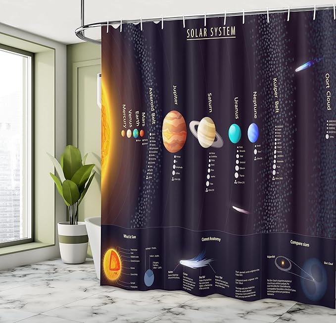Ambesonne Outer Space Shower Curtain, Solar System Scientific Information Jupiter Saturn Universe Telescope Print, Cloth Fabric Bathroom Decor Set with Hooks, 69" W x 70" L, Black Orange