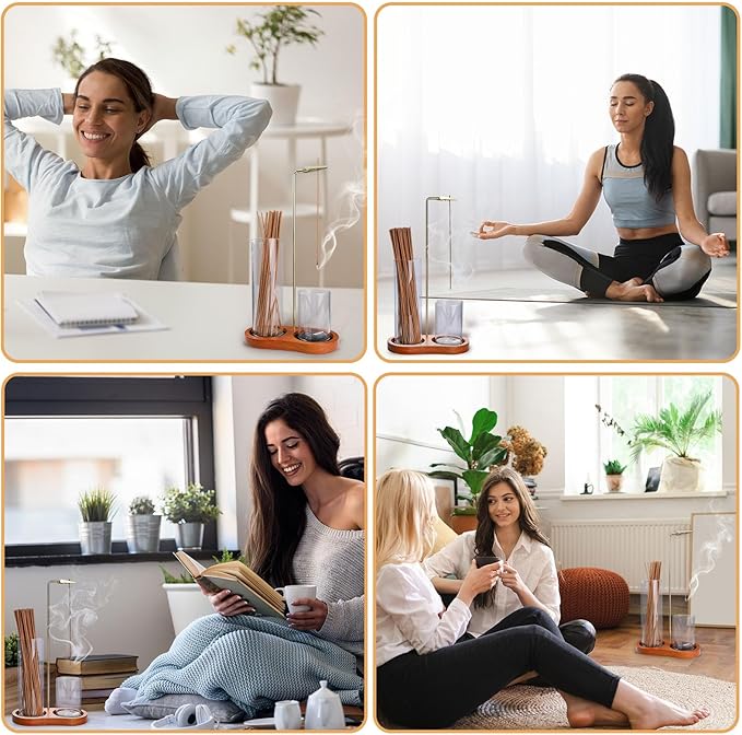 2 in 1 Incense Holder with Ash Catcher, Anti-Tip Secure Glass Cups with Hook & Loop Fasteners, 8-Shaped Wooden Base, Stable Vertical Burner for Meditation, Yoga & Home Decor (Brown)