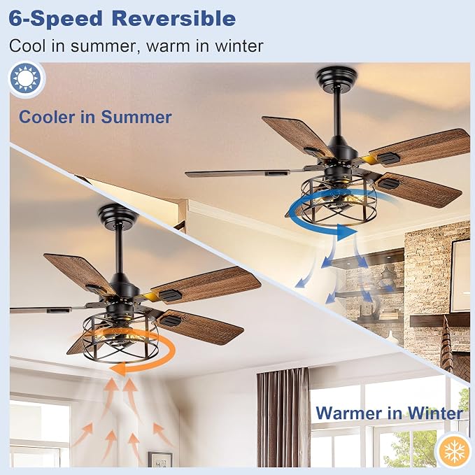 Depuley 42-Inch Ceiling Fans with Lights: Caged Ceiling Fans Dual Finish 5 Blades - Rustic Ceiling Fan with Remote Control for Farmhouse Living Room Outdoor Porch Noiseless (Black Walnut)