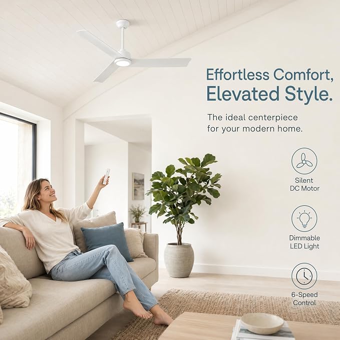 52 Inch Ceiling Fan with Light | Modern Minimalist Ceiling Fan | Reversible DC Motor, Dimmable 3-Color LED, Remote Control for Living Room