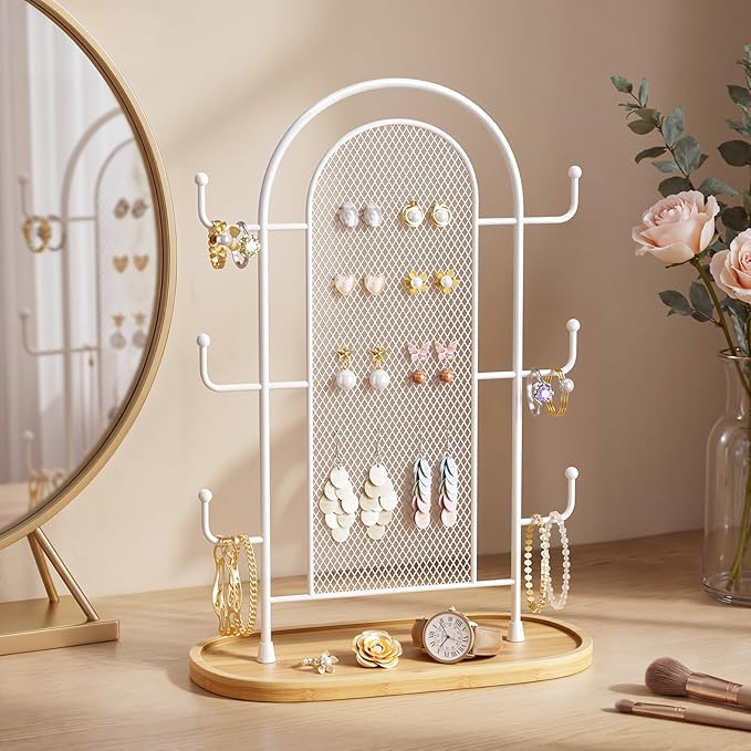 bussdis Jewelry Holder Organizer Earring Display - Earring Storage Tree Stands Towers With 6 Hooks 300 Studs Wood Tray White Metal Rack