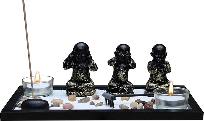Zen Garden Meditation Garden 3 Buddha See, Speak, Hear No Evil Statues, Incense Holder, Incense, 2 Tea Light Holders, Rocks, Sand, Rake (Candles Not Included)