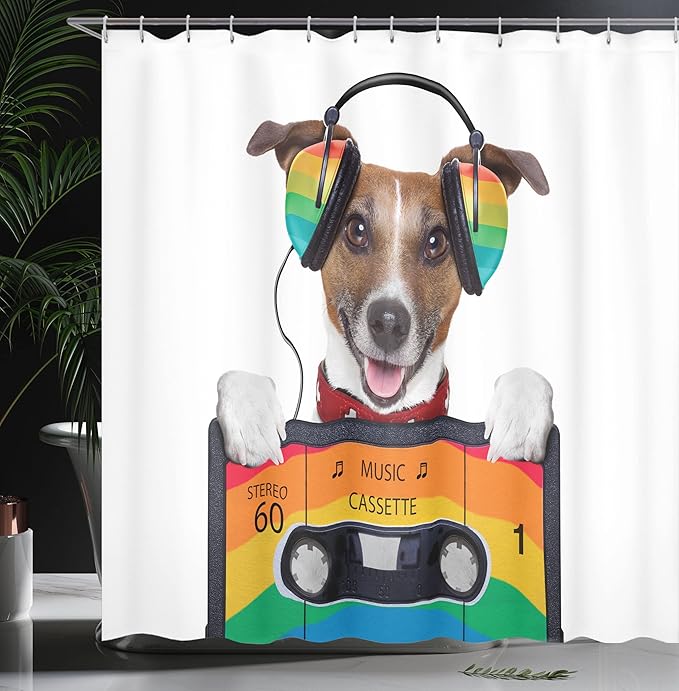 Ambesonne Popstar Party Shower Curtain, Dog Listening to Music from an Old Cassette of The 80's Colorful Headphones, Cloth Fabric Bathroom Decor Set with Hooks, 69" W x 70" L, Brown Multicolor