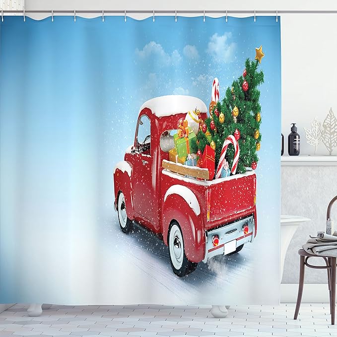 Ambesonne Christmas Shower Curtain, Classical Pickup Truck Tree Gifts and Ornaments Snowy Winter Day Image Print, Cloth Fabric Bathroom Decor Set with Hooks, 69" W x 84" L, Red Blue