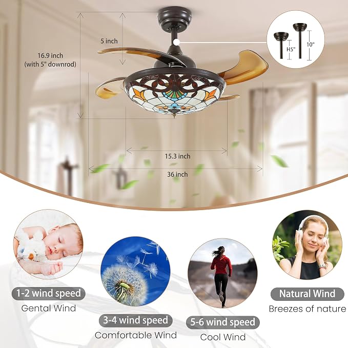 36" Tiffany Style Ceiling Fan with Lights, Remote Control Led Dimmable Fandelier Fixture with 4 Retractable Reverse Blades, Vintage Stained Glass Suit for Bedroom Living Room