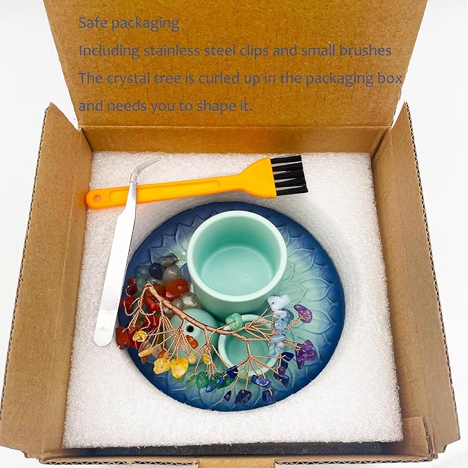 5 in 1 Incense Burner Holder with Crystal Tree for Burning Palo Santo Stick, Sage, Incense Sticks, Candle, Ceramic Tray Ash Catcher, Meditation Gift (Sky-Blue)