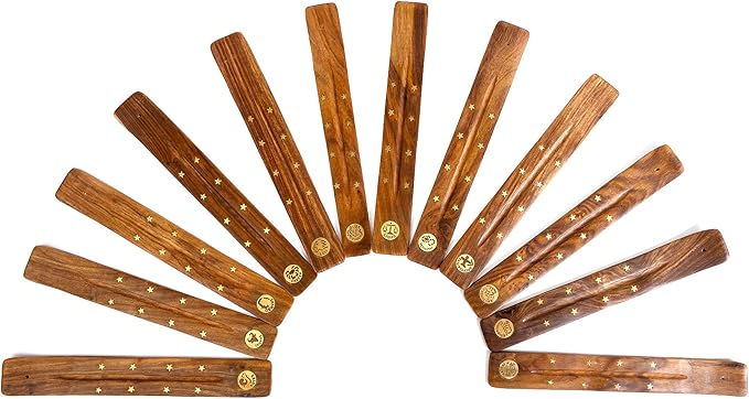Incense Garden Pack of 12 Wooden Incense Holder for Sticks with Inlays of Brass 10 inches Long - Zodiac