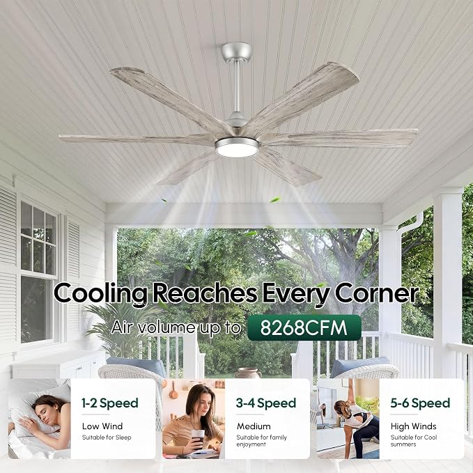 60 Inch Smart Outdoor Ceiling Fan with Light, Remote/Alexa/App Control, ETL Listed Quiet DC Motor, 8268 CFM High Airflow, 6 Modern Solid Wood Blades, for Indoor Living Room Bedroom, Covered Patio
