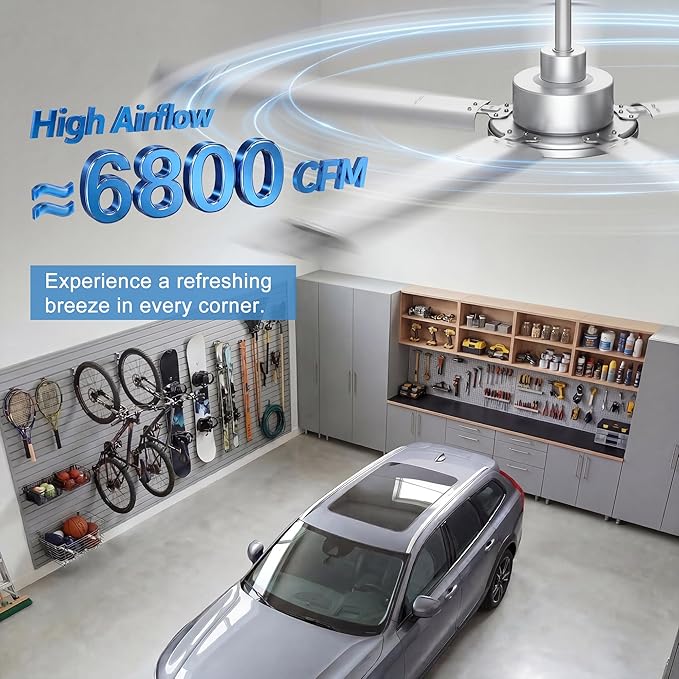 Ohniyou 60'' Industrial Ceiling Fan No Light for Patio, Garage, Silver | 6800 CFM Airflow, 35dB DC Motor, 5 Aluminum Blades, Remote/APP Control, Covered Outdoor Metal Fan
