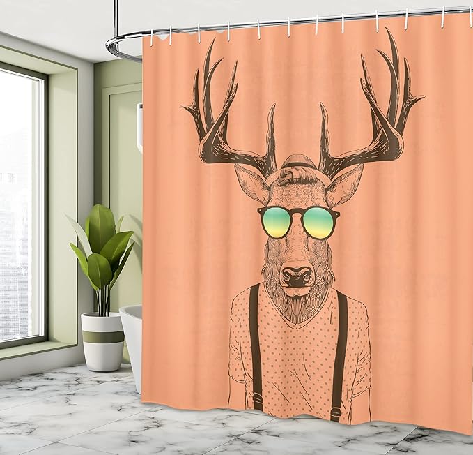 Ambesonne Antlers Shower Curtain, Illustration of Deer Dressed up Like Cool Hipster Fashion Creative Fun Animal, Cloth Fabric Bathroom Decor Set with Hooks, 69" W x 84" L, Dark Peach
