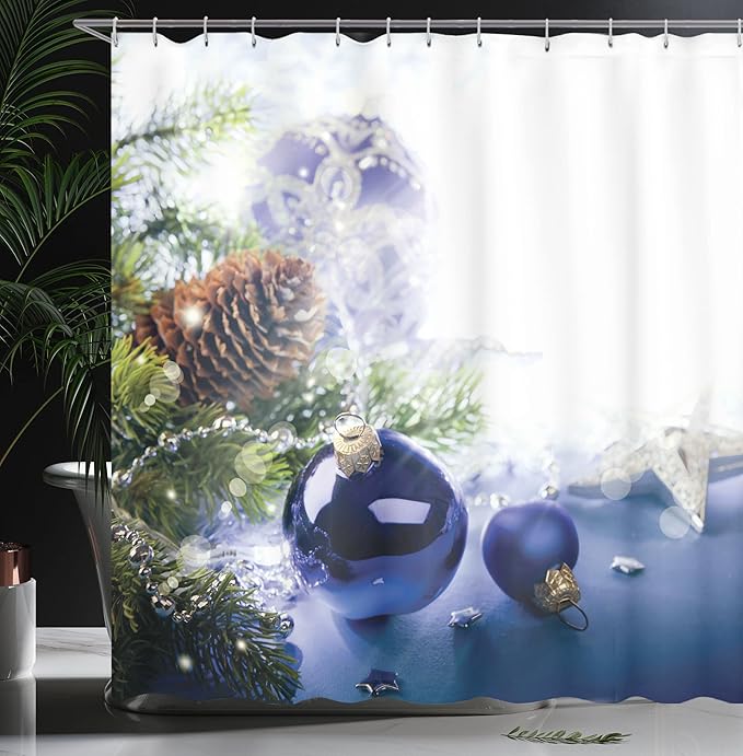Ambesonne Christmas Shower Curtain, Colorful Blue Toned Ornaments of Winter Holidays Seasonal Motifs Print, Cloth Fabric Bathroom Decor Set with Hooks, 69" W x 70" L, Blue Grey White
