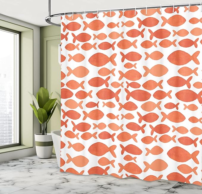 Ambesonne Fish Shower Curtain, Sea Animal in Watercolors Brushstrokes Theme Illustration, Cloth Fabric Bathroom Decor Set with Hooks, 69" W x 70" L, Dark Salmon