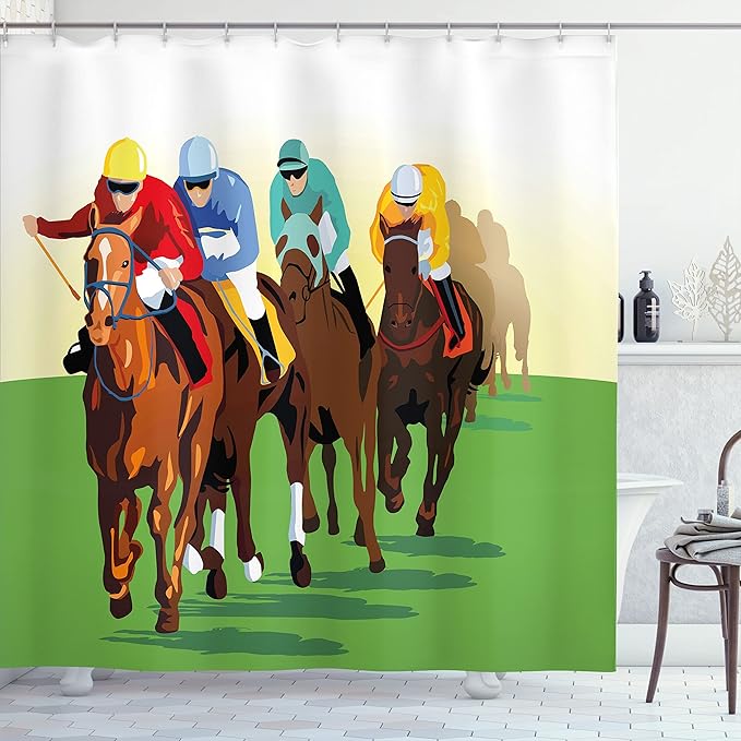 Ambesonne Horse Shower Curtain, Vibrant Colorful Competitive Scene with Jockeys Racing Horses Equine Retro Artwork, Cloth Fabric Bathroom Decor Set with Hooks, 69" W x 84" L, Brown Green