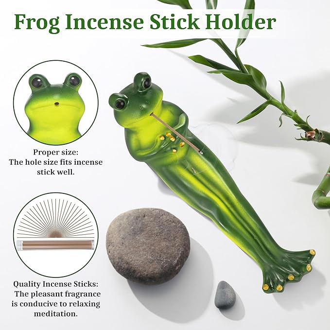 Frog Incense Stick Holder, Green Frog Incense Burner with 30 Sandalwood Sticks, Ash Catcher Stand Gift for Aromatherapy, Yoga, Relaxing Meditation, Home Living Room Office Decor