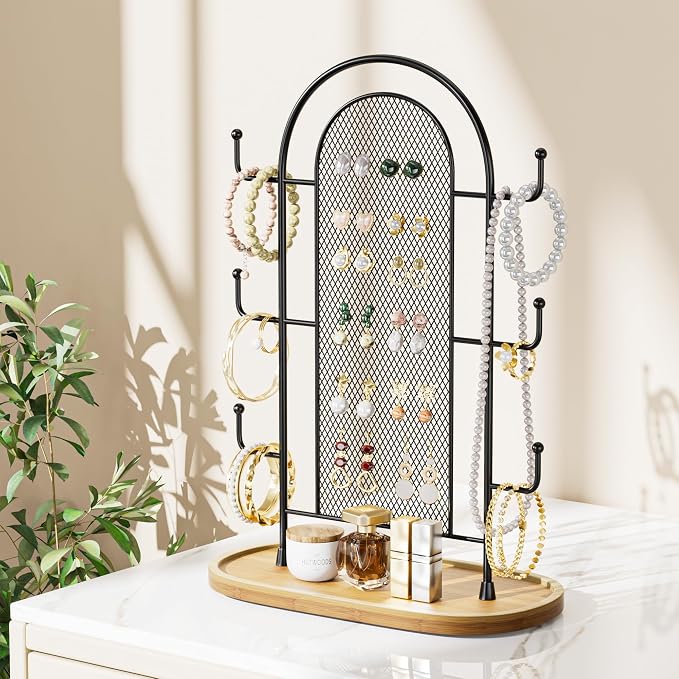 bussdis Jewelry Holder Organizer Earring Display - Earring Storage Tree Stands Towers With 6 Hooks 300 Studs Wood Tray Black Metal Rack