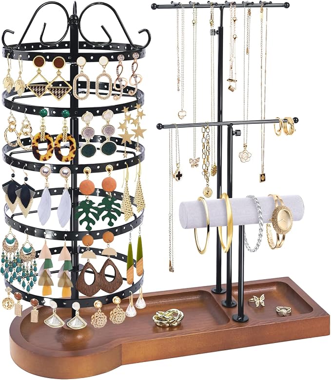 Jewelry Organizer Stand, Metal Rotating Earring Holder Organizer, Multi-Functional Adjustable Necklace Rack Holder Bracelet Watch Holder for Jewelry Earrings Ring, Black