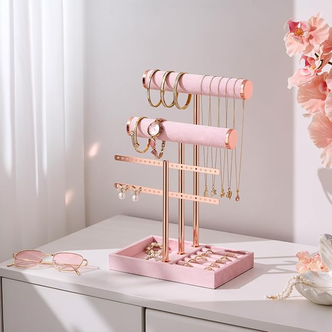 Jewelry Organizer Stand for Necklaces, Bracelets, Earrings, Rings, Pink | 3 Tier Velvet Bracelet Holder Display | Jewelry Organizers and Storage | Jewelry Tree | Jewelry Towers