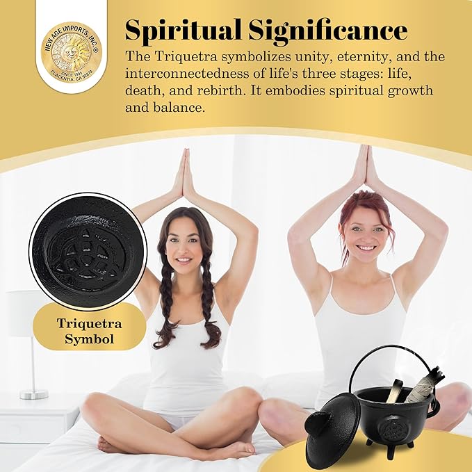 New Age Imports, Inc. Triquetra Cast Iron Cauldron w/Handle & lid, Ideal for smudging, Incense Burning, Ritual Purpose, Decoration, Halloween Decoration, Candle Holder, etc. (Triquetra - BR96)
