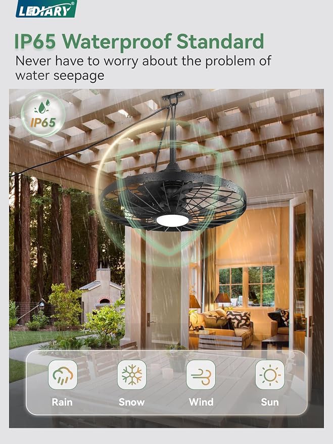 LEDIARY 24" Outdoor Ceiling Fan with Lights,IP65 Waterproof Gazebo Hanging Fan with Remote Control Smart App, Plug in Caged Ceiling Fan with 3CCT 6-Speeds for Patio Porch Pergola(Black)