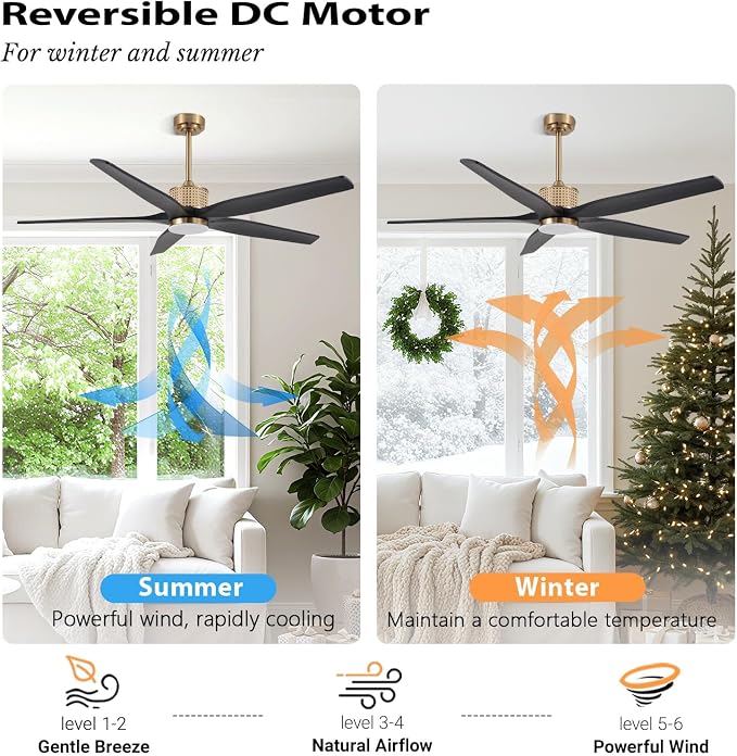 LEDLUX 60" Ceiling Fan with Light – Remote Control, Solid Wood, 6-Speed, Quiet Reversible DC Motor, Black/Gold Finish, 4.5"/12" Downrods, Noiseless Large Ceiling Fan for Bedroom, Living Room, Porch