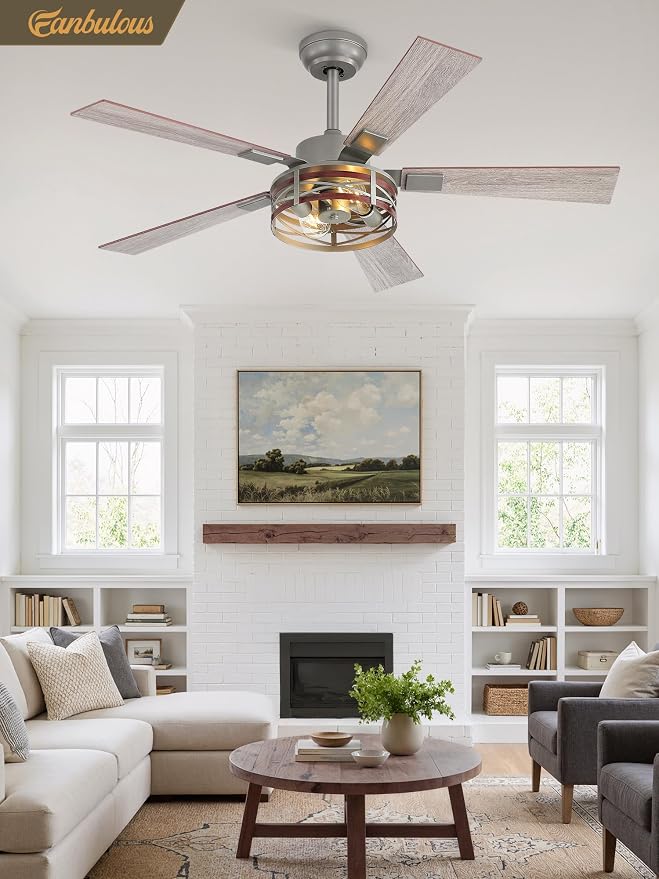 Fanbulous Farmhouse Ceiling Fans with Light, 48 Inch Bedroom Ceiling Fan with Lights, 6-Speed Adjustable, Quiet and Reversible DC Motor, 5 Dual Finish Blades, Rustic Caged Ceiling Fan，Brushed Nickel
