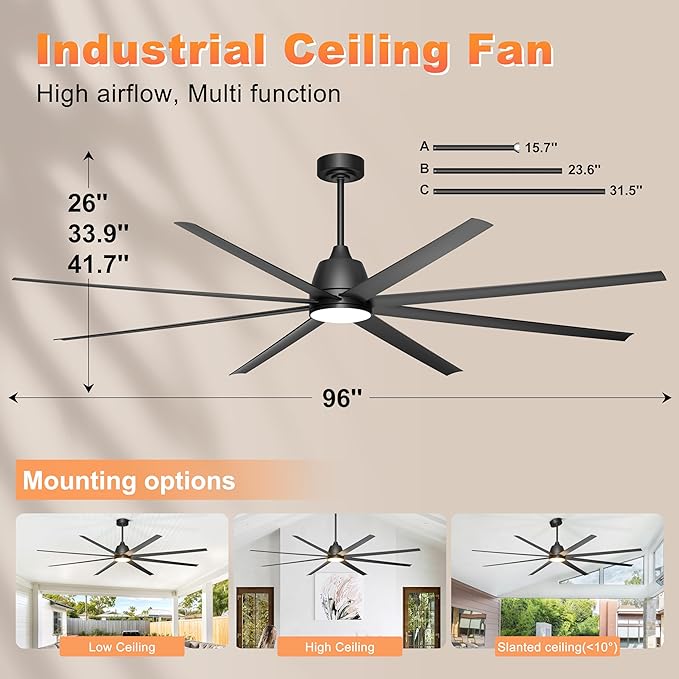 96" Industrial Ceiling Fans with Lights, Large Ceiling Fan with Remote/APP Control, Outdoor Ceiling Fans with 8 Blades, 3CCT, DC motor for Commercial Shop Garage Warehouse Black