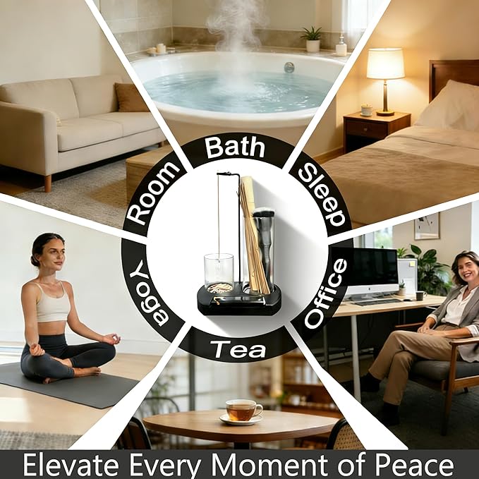 Incense Holder for Sticks 3 in 1 Glass Incense Burner with Lighter Holder and Ash Catcher Upside Down Anti-Ash Stick Holder with Storage Modern Zen Decor for Yoga Meditation Brush [Black]