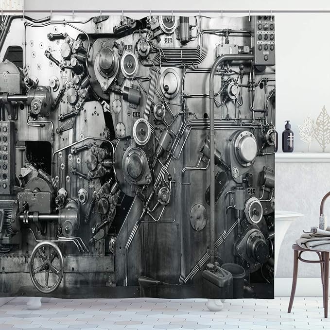 Ambesonne Industrial Shower Curtain, Modern Times Detail of Rusted Machine in Factory Physical Equipment Process, Cloth Fabric Bathroom Decor Set with Hooks, 69" W x 70" L, White Black