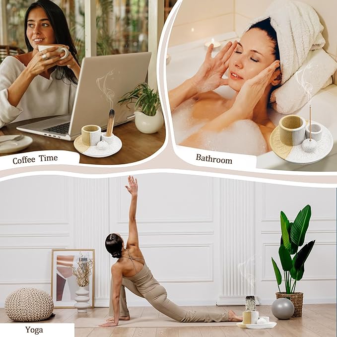 4 in 1 Incense Burner Holder,Sage Holder for Burning,Palo Santo Holder,Candle Holder,Ceramic Incense Burner Ash Catcher Tray for Meditation Yoga Room (Assorted Colors)