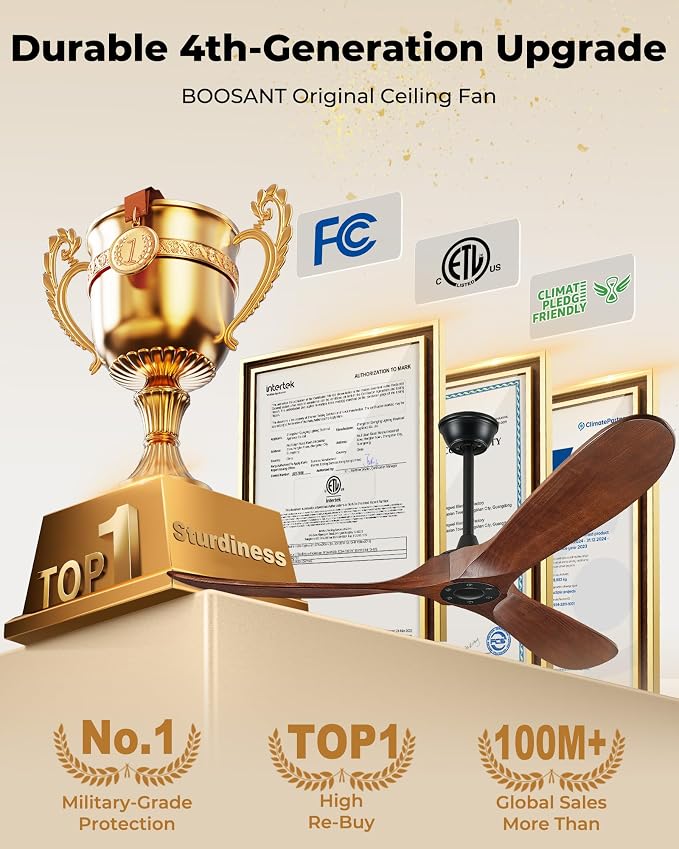 52" Ceiling Fans Without Lights, Solid Wood Ceiling Fan with Remote Control and DC Motor, Ceiling Fan no Light with 3 Blades, Indoor Outdoor Ceiling Fans for Patios, Bedroom- Dark Walnut