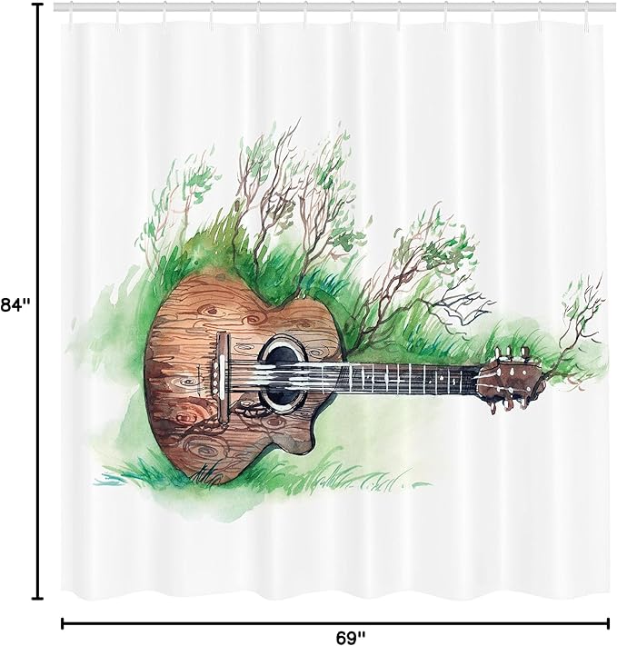 Ambesonne Music Shower Curtain, Wooden Guitar Branches Classical Flourishing Meadow Summertime Lawn Landscape, Cloth Fabric Bathroom Decor Set with Hooks, 69" W x 84" L, White Brown