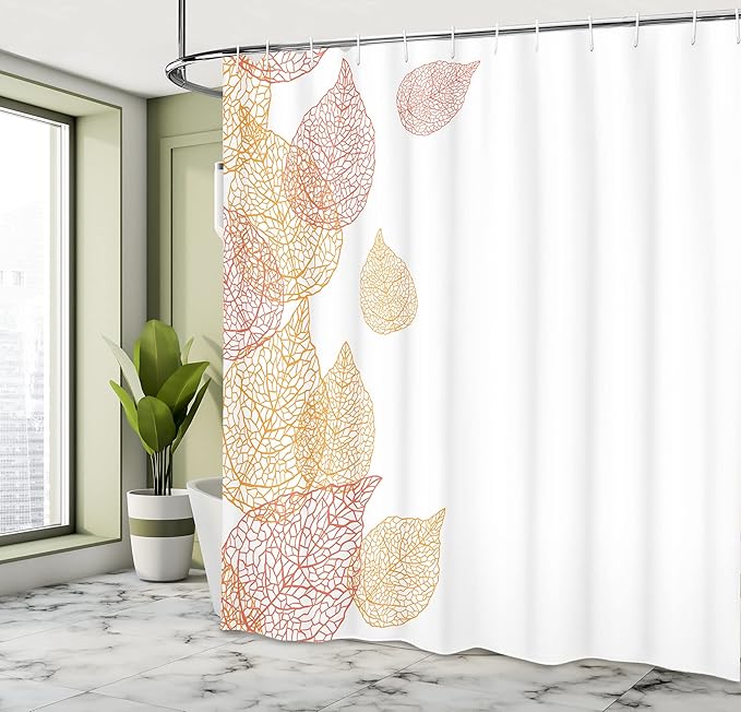 Ambesonne Leaf Shower Curtain, Illustration of Fall Leaves Modern Pattern Romantic Art with Soft Autumn Colors, Cloth Fabric Bathroom Decor Set with Hooks, 69" W x 75" L, Marigold Coral
