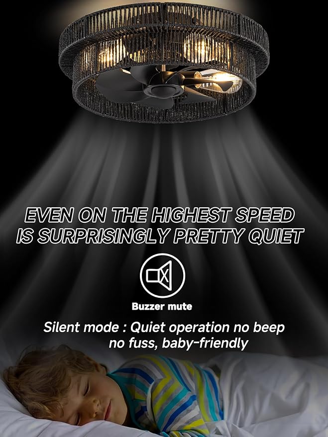 Handwoven Boho Ceiling Fans with Lights Flush Mount,Rattan Farmhouse Caged Fandelier Low Profile Enclosed Chandelier Fan with 6 Speeds for Bedroom,Nursery,Dining Room(Black)