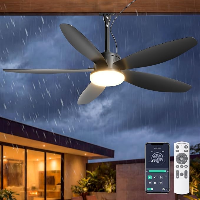 Outdoor Ceiling Fan with Lights, 48 Inch Plug in Gazebo Fans with Remote APP Control, Quiet DC Motor, Dimmable 3CCT, Waterproof Hanging Fans for Patios, Porch, Black