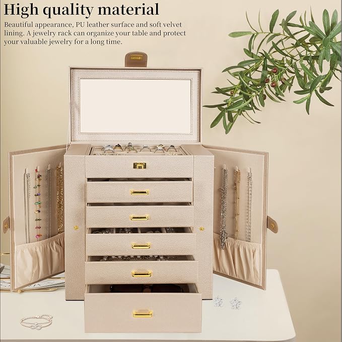 AKOZLIN 6-Tier Jewelry Box Organizer Functional 5 Drawers Leather Jewelry Storage Case for Women Girls Ring Necklace Earring Bracelet Holder Organizer with Mirror Extra Large Champagne