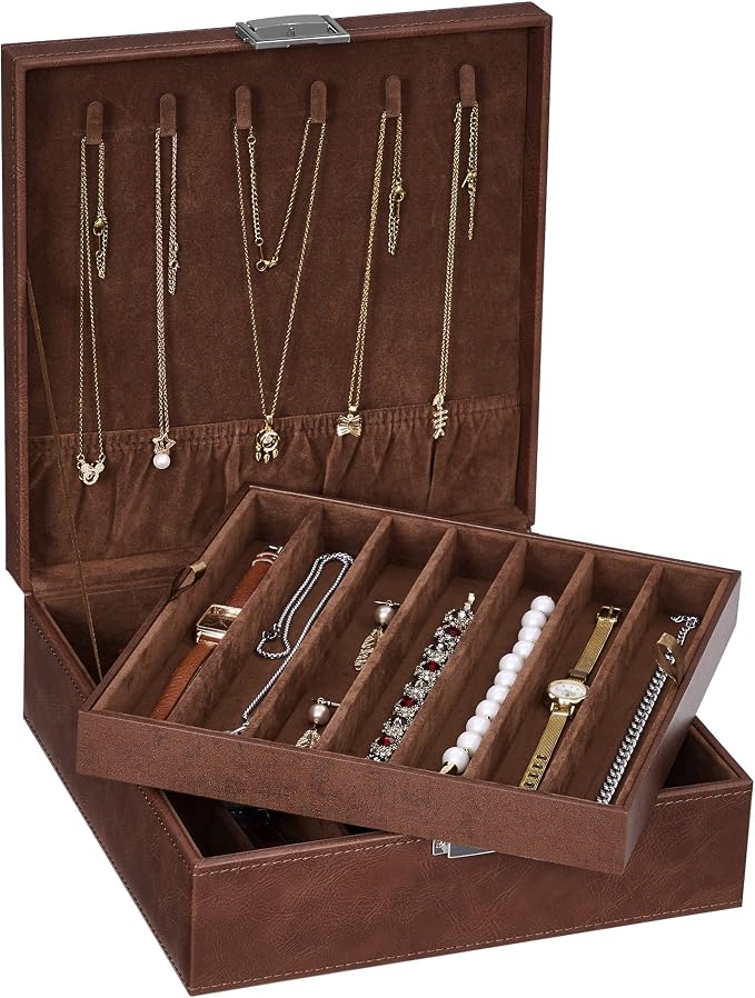 BEWISHOME Jewelry Boxes for Women, 2-Layer Necklace Organizer Box, Modern Style Jewelry Organizers and Storage with Removable Pad, Mothers Day (Brown SSH31Z)