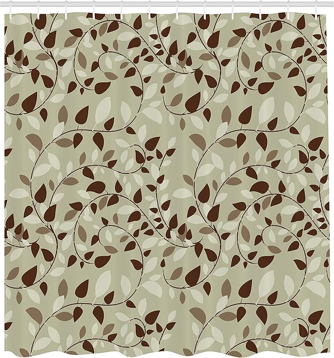 Ambesonne Leaf Shower Curtain, Pattern with Vines Leaves Nature Curvy Branches Plants Garden Floral Illustrated Art, Cloth Fabric Bathroom Decor Set with Hooks, 69" W x 75" L, Beige Brown
